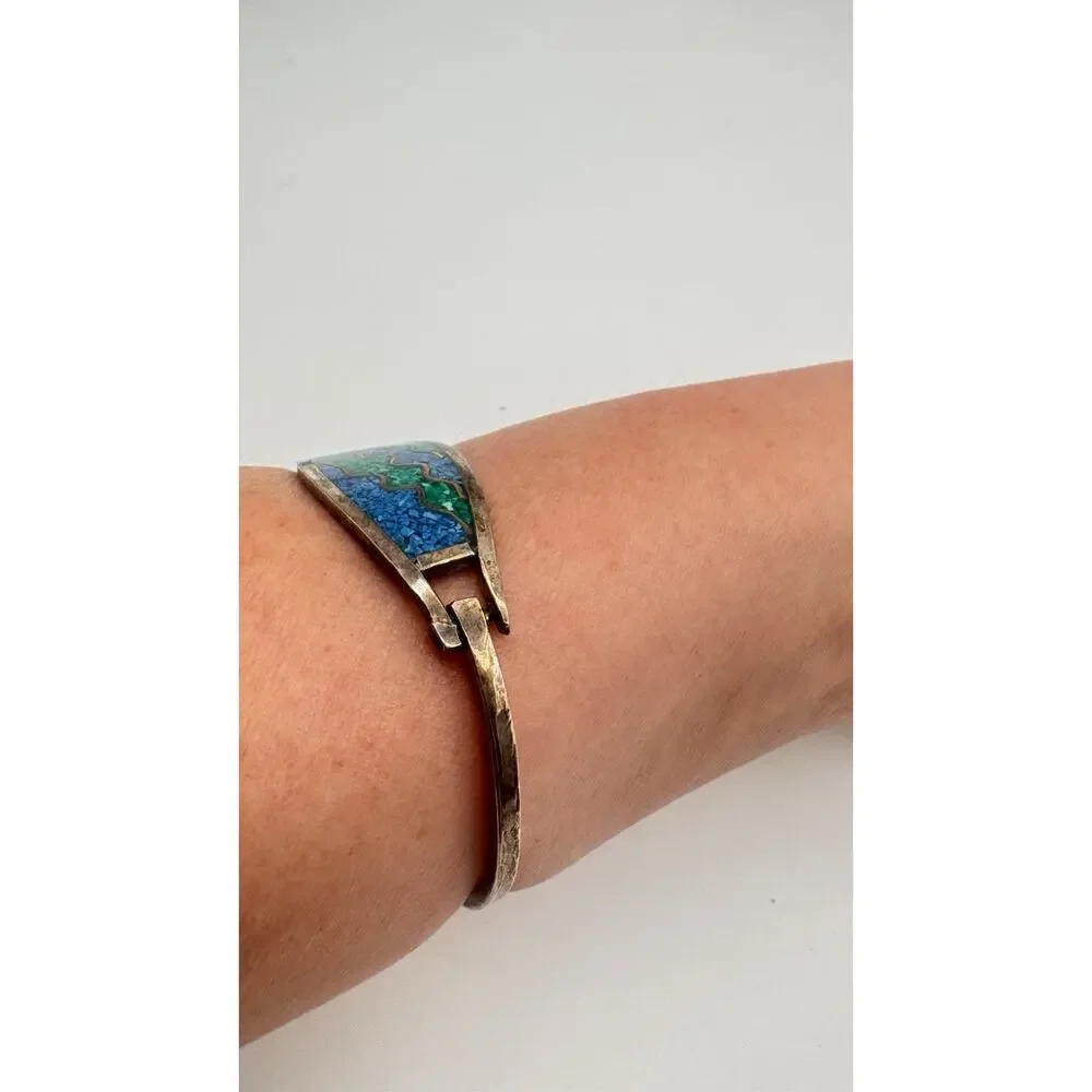 Vintage Alpacha Size 7Chipped Turquoise Mexico Sterling Silver Woman's Bracelet